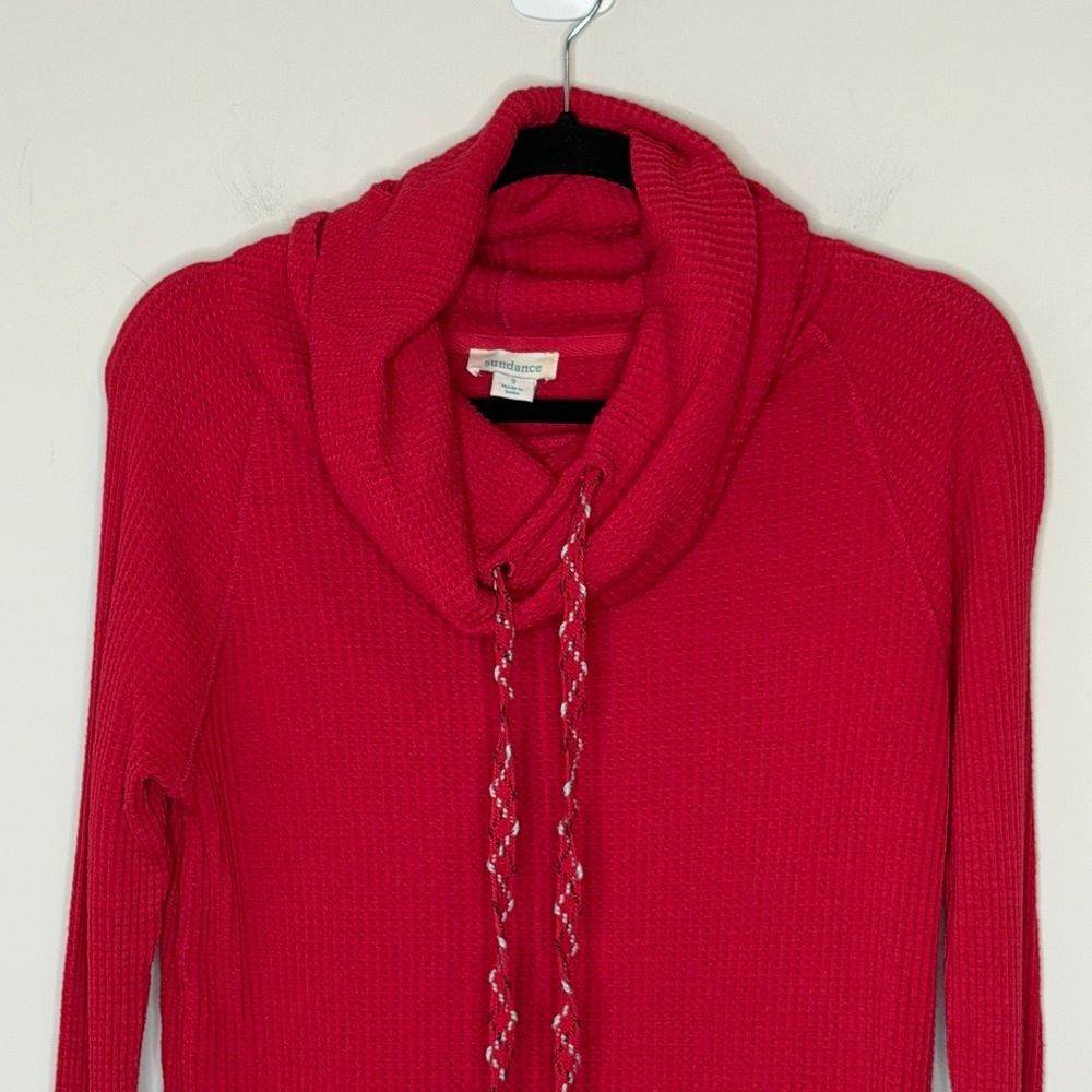 Sundance Womens Red Waffle Knit Cowl Neck Thermal Top Small Cotton Modal Blend - Picture 7 of 13